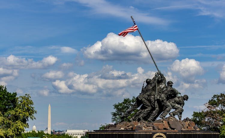 The United States Marine Corps War Memorial in Arlington and the cloudy sky behind