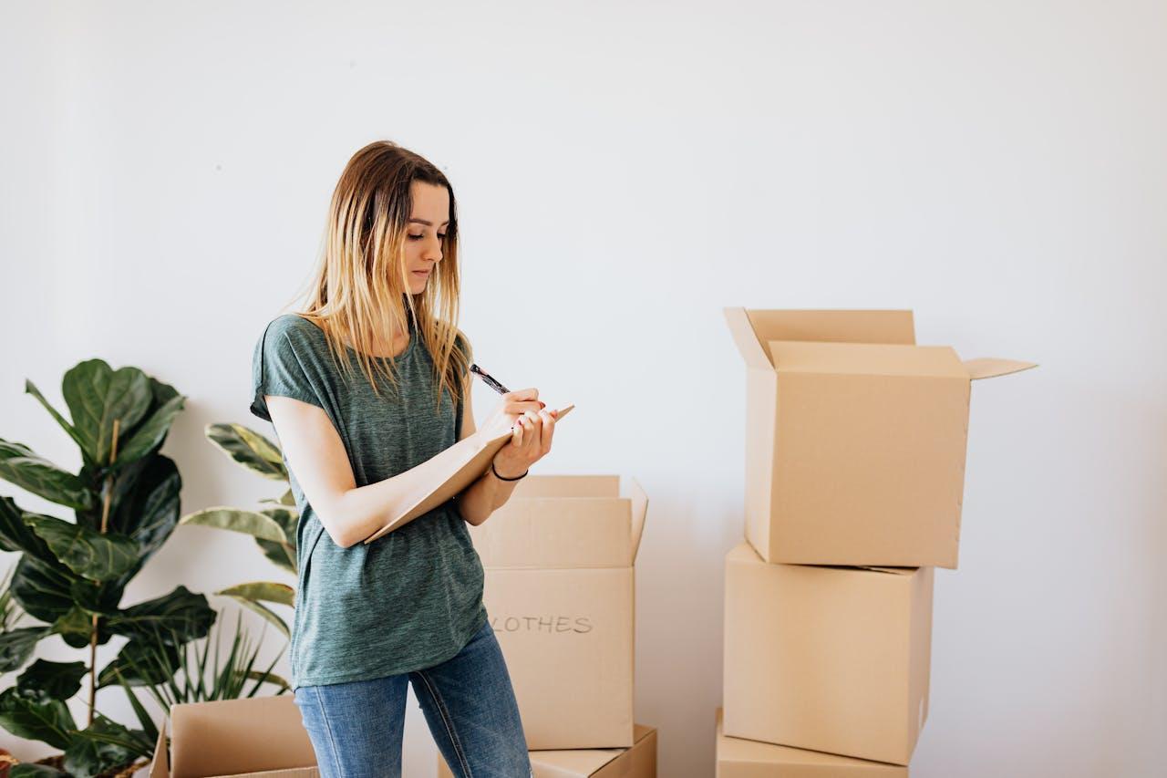 A woman writing something on a piece of paper next to a pile of cardboard boxes